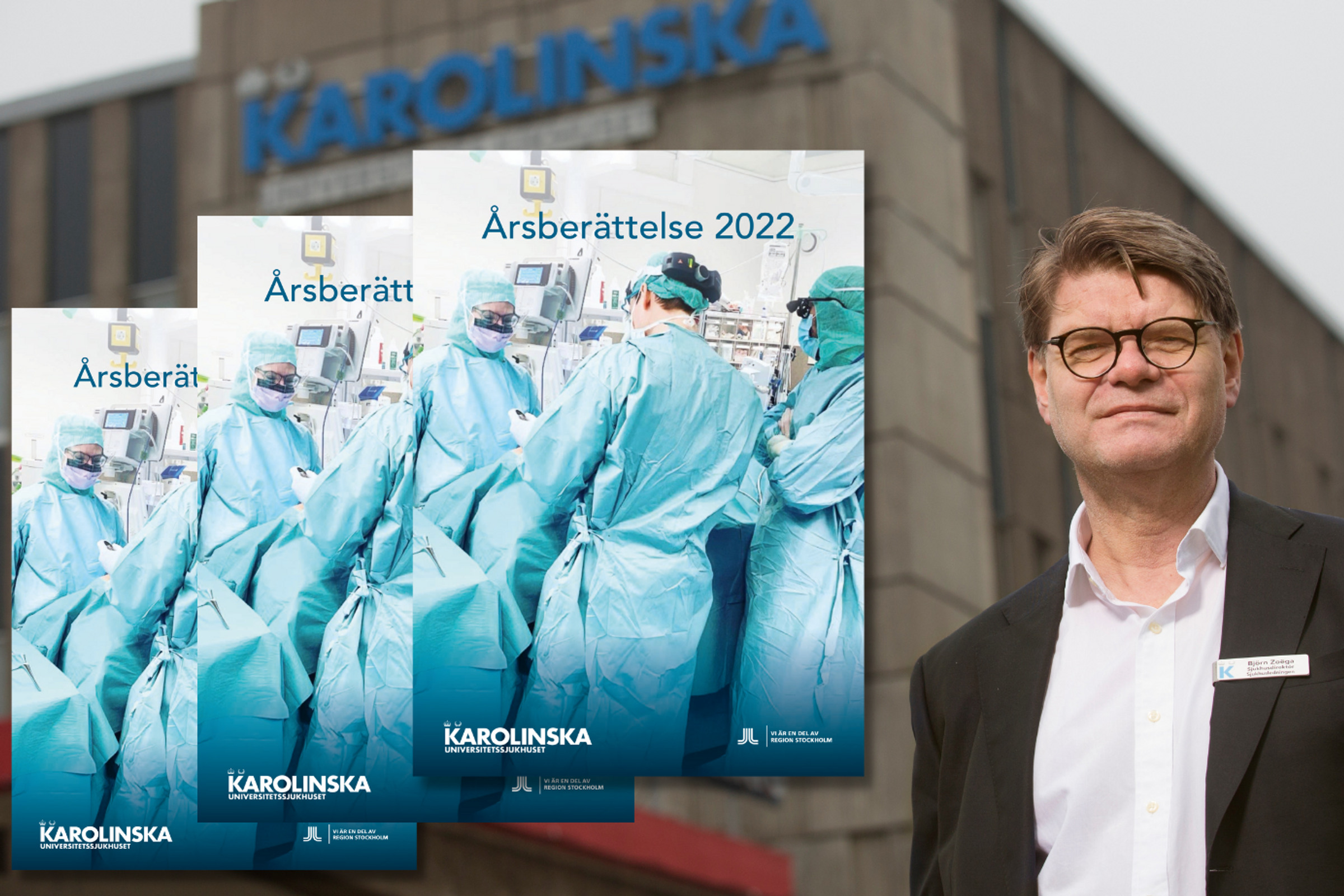 Björn Zoëga bär svart kavaj, vit skjorta och rundade glasögon. Han stå framför huvudentrén till sjukhuset i Huddinge.